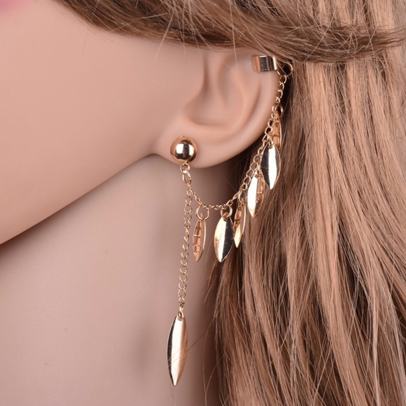 Jewelry - Boho Multi-Leaf Gold Ear Cuff Chain Earrings